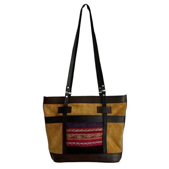 Leather-Accented Tan Suede Bolivian Textile Artisan Crafted Shoulder Tote Bag - Picture 3 of 10